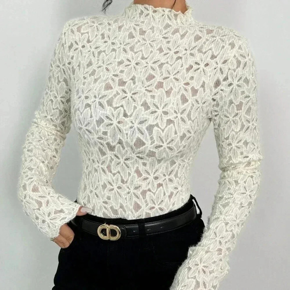 Tops - White Casual Women's Floral Patterned Stand Collar Long Sleeve Fitted Blouse
